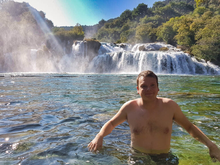 Steven swimming at Skradinski Buk waterfall