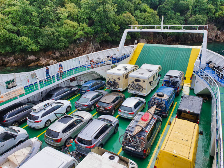Cars and motorhomes parked on the ferry