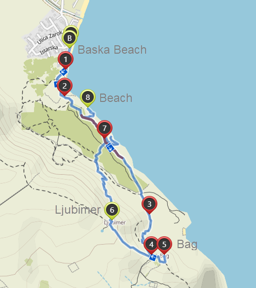 Map of the hike from Baska beach to Bag and Ljubimer