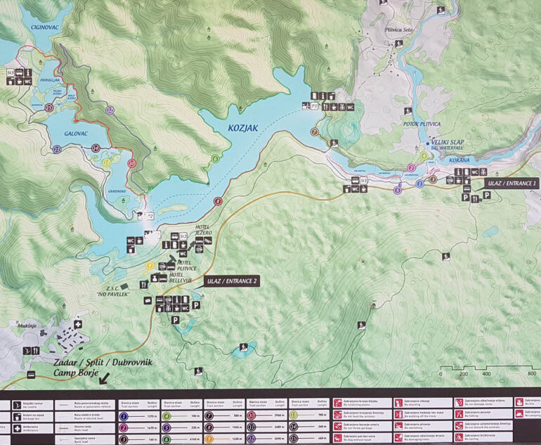 Map of the different hiking sections in Plitvice Lakes