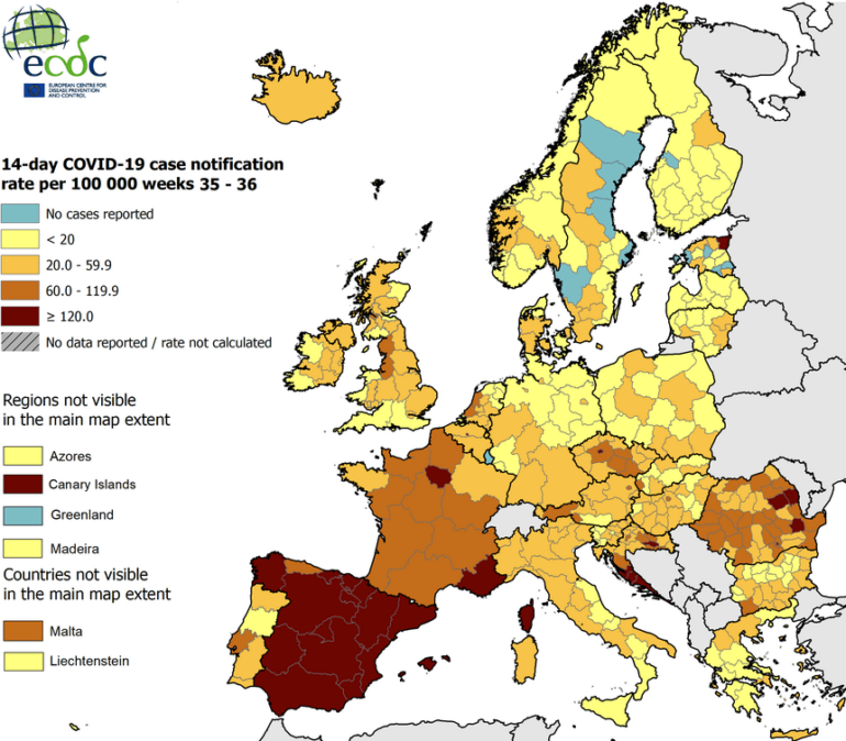 Map of Covid-19 in Europe on September 10th