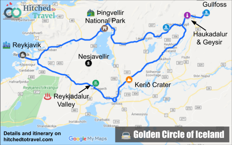Map with route and stops on the Golden Circle of Iceland for a 2 days itinerary