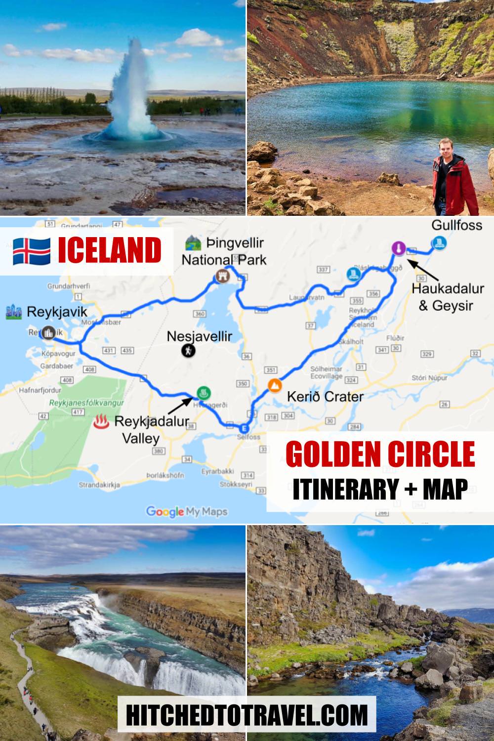 Golden Circle in Iceland poster with map of our 2 days itinerary