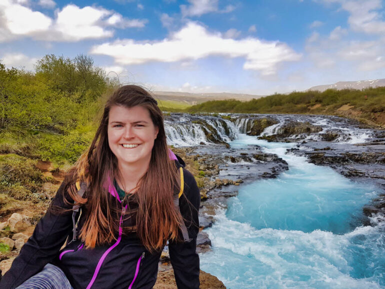 Elke at Bruarfoss waterfall in Iceland