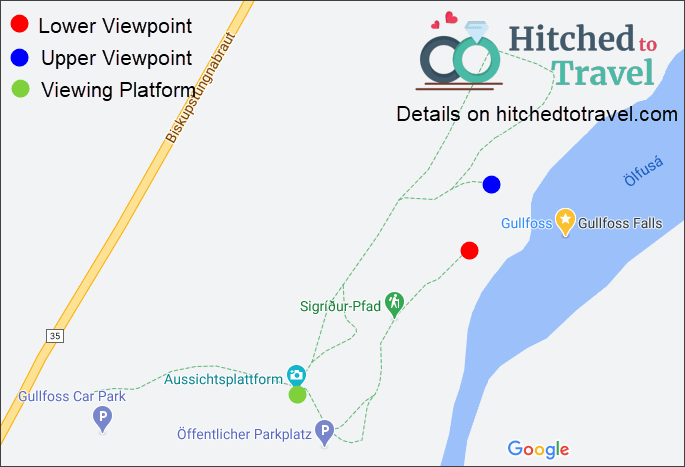 Map of Gullfoss waterfall viewpoints in Iceland