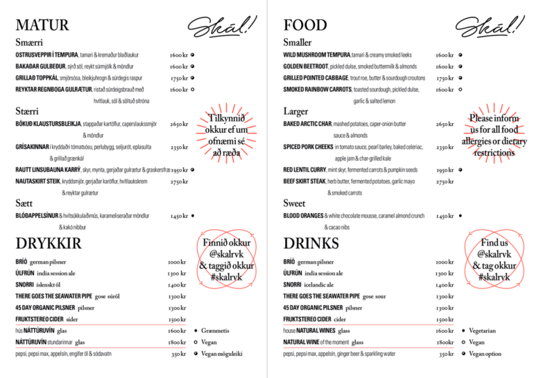 Menu of Skál Restaurant