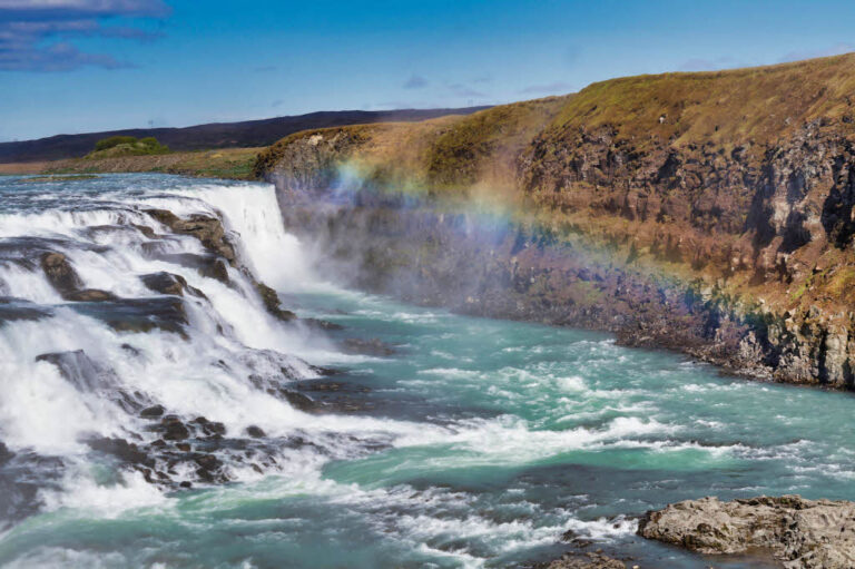 Gullfoss waterfall and rainbow, photo from the upper viewpoint
